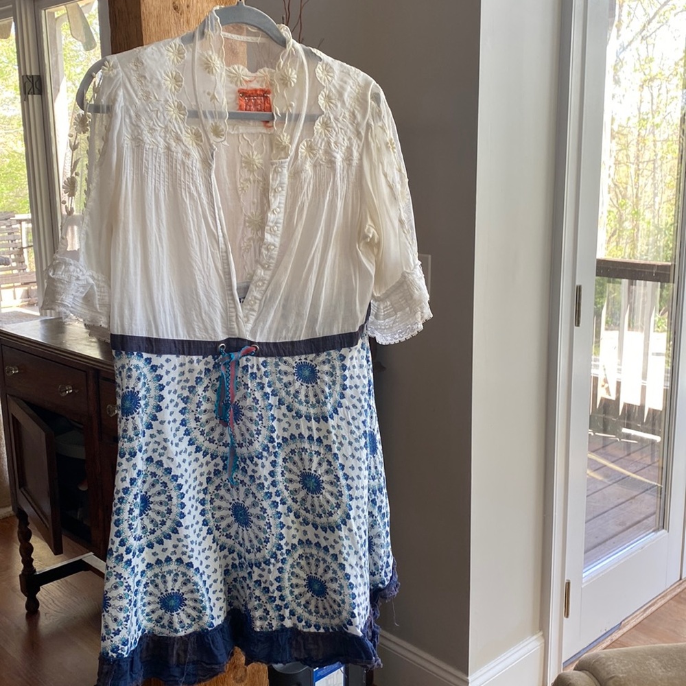 Boho White & Blue Embroidered Women’s Dress